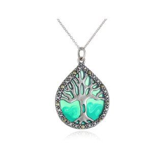 Sterling Silver Marcasite and Blue Epoxy Tree of Life Pendant Necklace